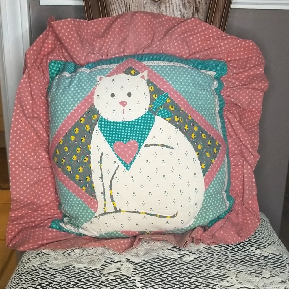Vintage Cottage Core Cat Ruffled Trim Pillow